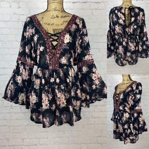 Angie Floral Print Lace Up Side Pockets Bell Sleeve Romper